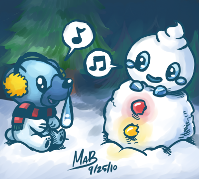 bad_pixiv_id beamed_eighth_notes cubchoo earmuffs eighth_note emoticon gen_5_pokemon lowres musical_note no_humans pokemon pokemon_(creature) pokemon_(game) pokemon_bw scarf smile snow snowman speech_bubble spoken_musical_note stixdude tree vanillite