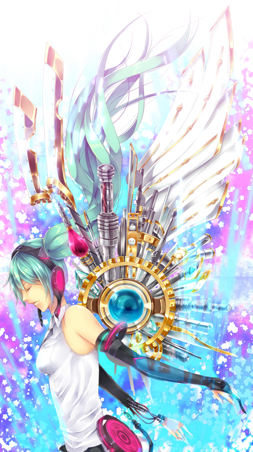 aqua_hair bad_id bad_pixiv_id belt bridal_gauntlets closed_eyes elbow_gloves fingerless_gloves gloves hatsune_miku hatsune_miku_(append) highres long_hair mecha_musume mechanical_wings ragi_(pluie) solo twintails vocaloid vocaloid_append wings