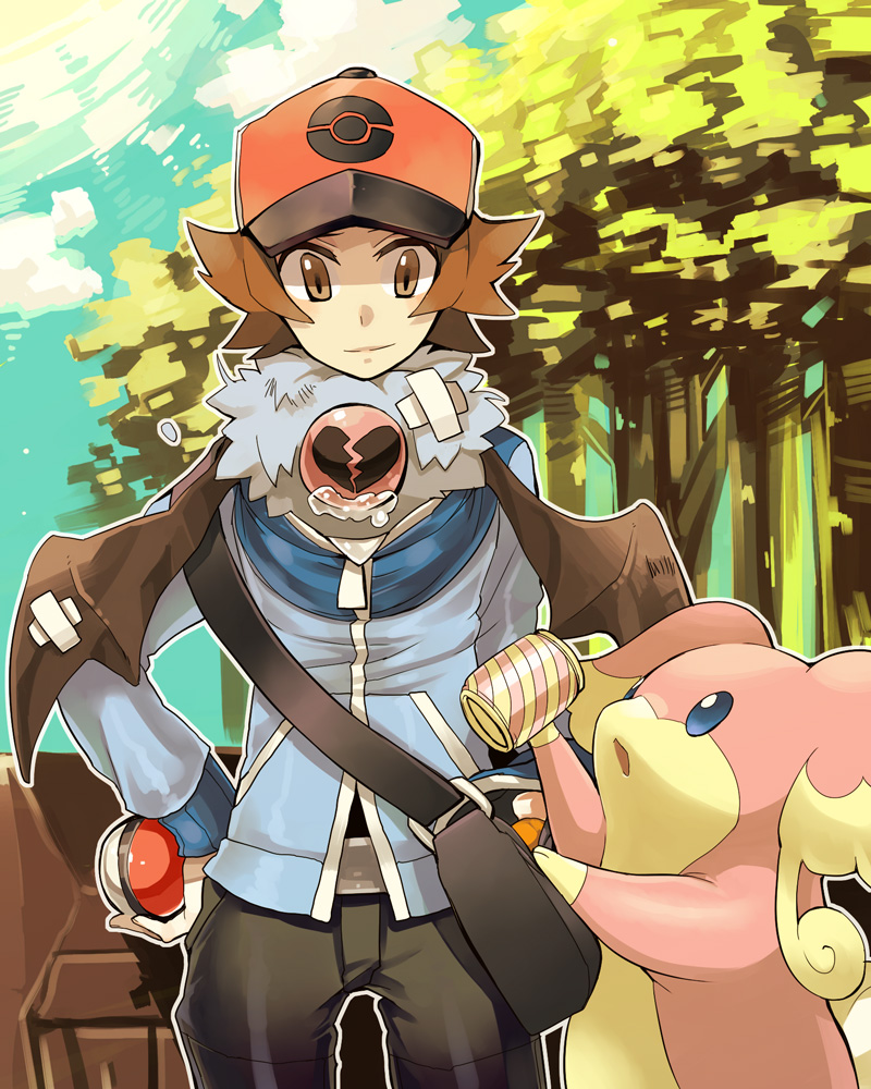 audino bad_id bad_pixiv_id baseball_cap broken_heart brown_eyes brown_hair gen_5_pokemon hat pokemon pokemon_(creature) pokemon_(game) pokemon_bw short_hair touya_(pokemon) woobat zakki