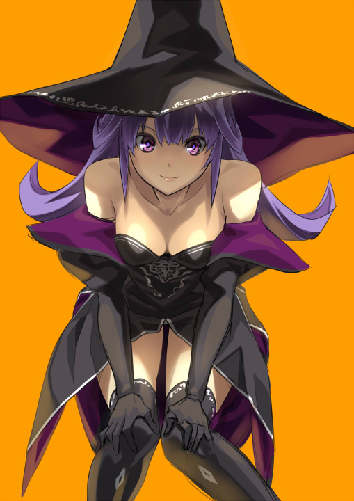 bare_shoulders black_legwear breasts cleavage downblouse elbow_gloves gloves hands_on_own_knees hat large_breasts leaning_forward long_hair orange_background original purple_eyes purple_hair shimotsuki_eight simple_background smile solo thighhighs witch witch_hat