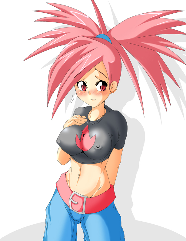 asuna_(pokemon) blush breast_grab breasts cleavage grabbing gym_leader impossible_clothes impossible_clothing impossible_shirt nipples pokemon shirt