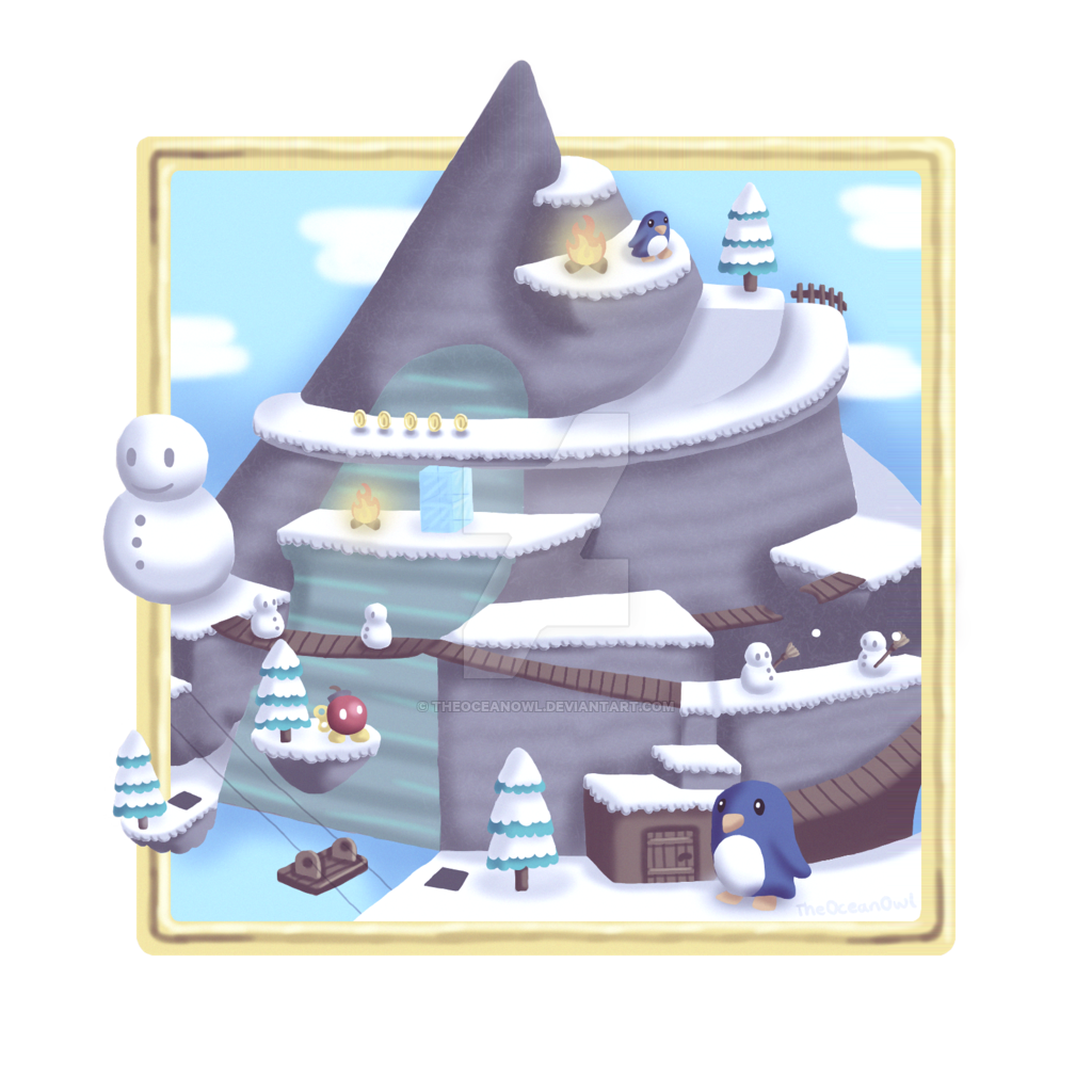 avian bird blue_feathers bob-omb bob-omb_buddy campfire cloud coin feathers fence fire headless_snowman ice mario_bros mother_penguin mountain mr._blizzard nintendo penguin snow snowman theoceanowl tree tuxie video_games white_feathers