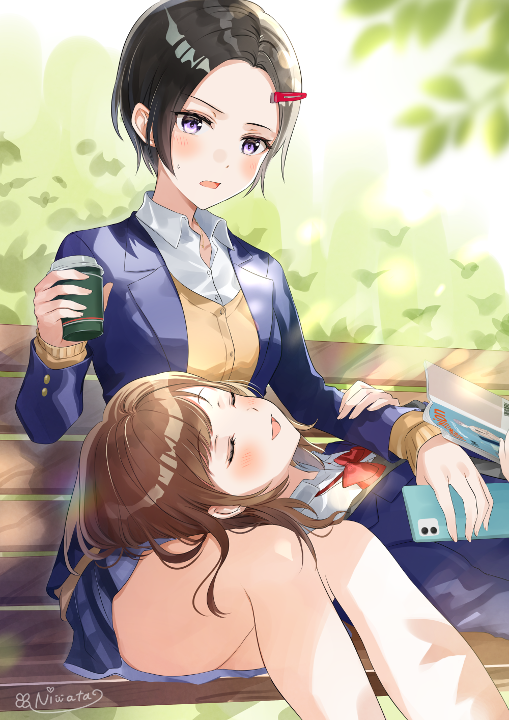 2girls bangs bench black_hair blazer blue_jacket blue_skirt blush book bow bowtie brown_hair cardigan cellphone closed_eyes collared_shirt cup disposable_cup drink hair_ornament hairpin highres holding holding_book holding_cup holding_drink holding_phone jacket long_hair long_sleeves lying multiple_girls niwata0 on_back open_clothes open_jacket open_mouth original outdoors phone red_bow red_bowtie school_uniform shirt short_hair sitting skirt sleeping sleeping_on_person smartphone thighs white_shirt winter_uniform yellow_cardigan