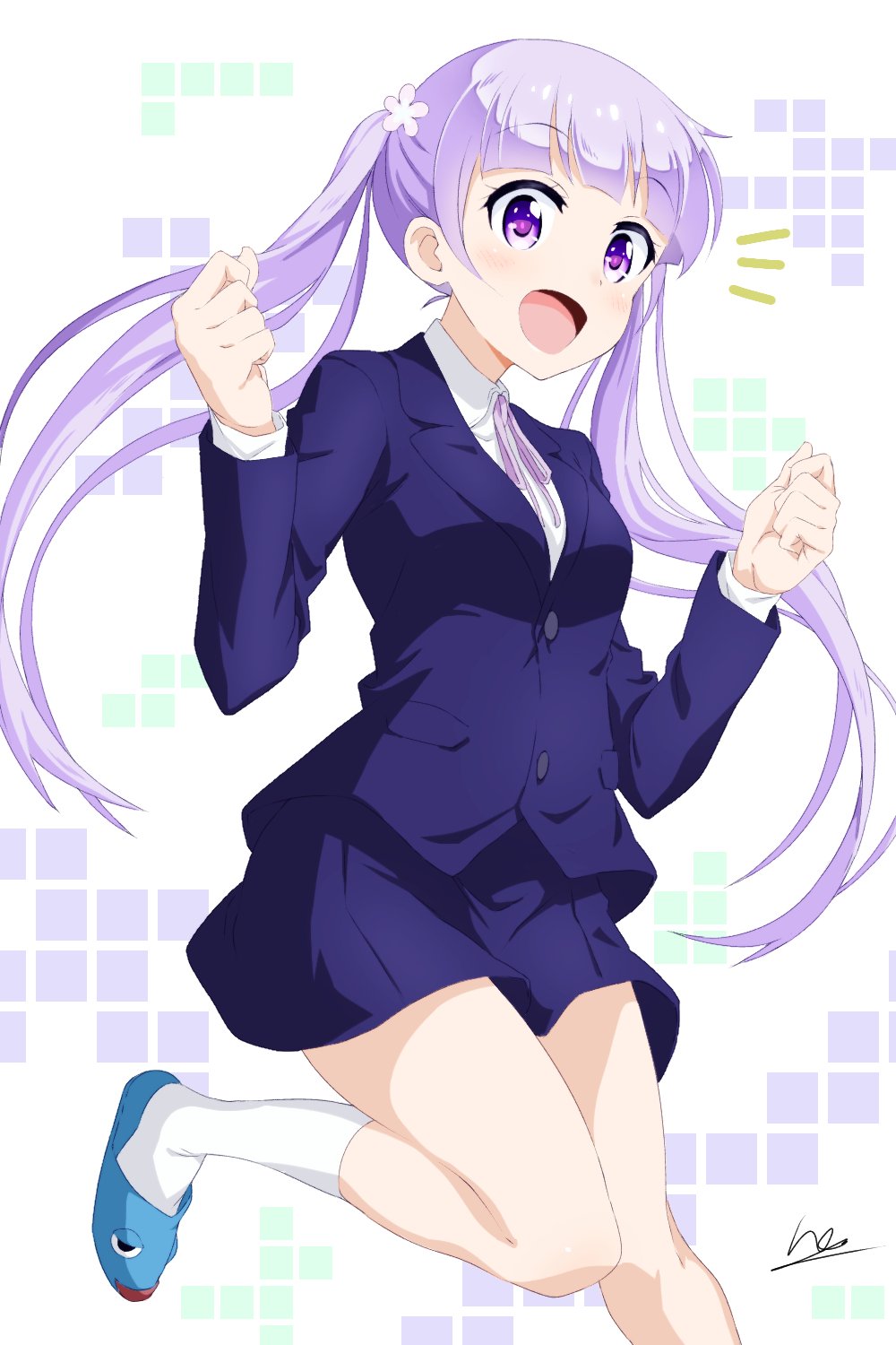 1girl bangs blue_jacket blue_skirt blunt_bangs blush breasts clenched_hands collar eyelashes flower hair_flower hair_ornament happy highres jacket light_purple_hair light_purple_ribbon long_hair long_sleeves looking_at_viewer miniskirt new_game! notice_lines open_mouth purple_eyes sekitsuki_hayato shirt sidelocks signature skirt slippers small_breasts smile socks solo standing standing_on_one_leg suzukaze_aoba thighs twintails very_long_hair white_background white_collar white_shirt white_socks wide-eyed