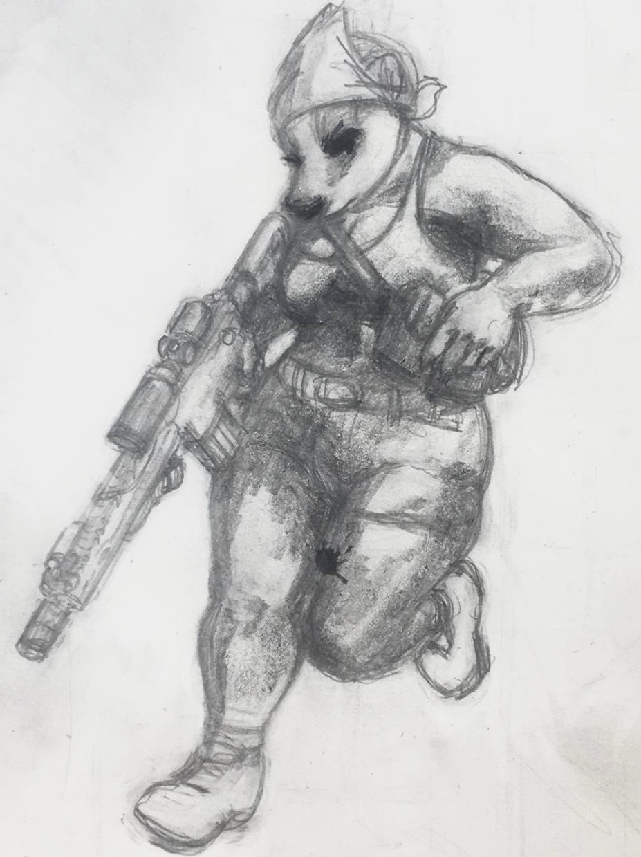 2022 anthro badger breasts cleavage clothed clothing female footwear fully_clothed graphite_(artwork) greyscale gun headkerchief hi_res kerchief mammal monochrome mustelid musteline oddwilds ranged_weapon rifle shoes solo traditional_media_(artwork) weapon