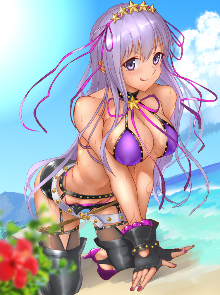 1girl all_fours bangs bare_shoulders bb_(fate) bb_(swimsuit_mooncancer)_(fate) bb_(swimsuit_mooncancer)_(second_ascension)_(fate) beach bead_bracelet beads belt bikini black_garter_belt black_gloves black_shorts black_thighhighs blue_sky blush bracelet breasts cleavage collarbone dark-skinned_female dark_skin fate/grand_order fate_(series) fingerless_gloves gloves hair_ornament hair_ribbon hairband jewelry koucha_maru large_breasts licking_lips long_hair looking_at_viewer loose_belt micro_shorts navel neck_ribbon purple_bikini purple_eyes purple_hair ribbon shore shorts sky smile solo star_(symbol) star_hair_ornament studded_garter_belt swimsuit tan thighhighs thighs tongue tongue_out very_long_hair white_belt