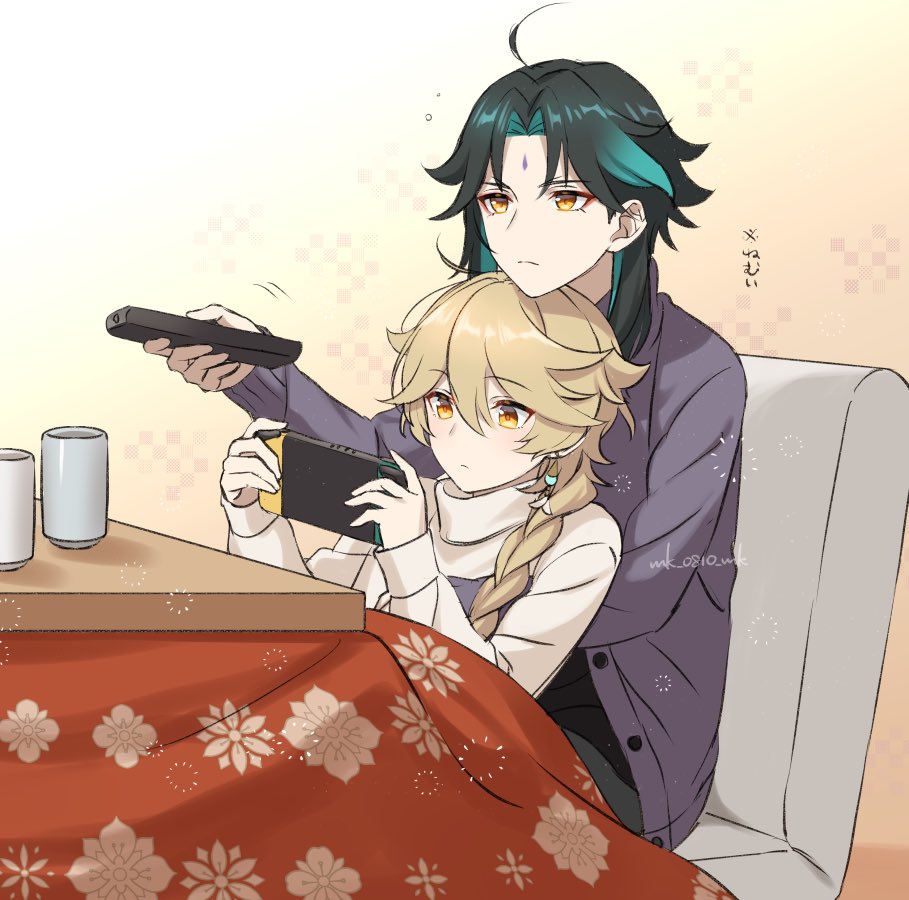 2boys aether_(genshin_impact) alternate_costume ar_(rikuesuto) bangs blonde_hair braid closed_mouth controller couch desk earrings genshin_impact glass green_hair hood jacket jewelry long_hair long_sleeves male_focus multiple_boys nintendo_switch on_couch playing_games remote_control shirt single_earring white_shirt xiao_(genshin_impact) yellow_eyes