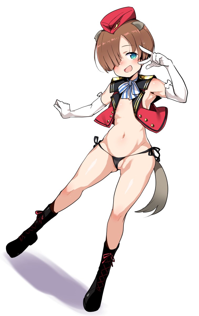 animal_ears armpits black_panties blue_eyes blush breasts brown_hair buta-don full_body gloves highres joanna_elizabeth_stafford luminous_witches navel open_mouth panties prairie_dog_ears prairie_dog_tail shiny_skin small_breasts smile tail thong underwear white_gloves world_witches_series