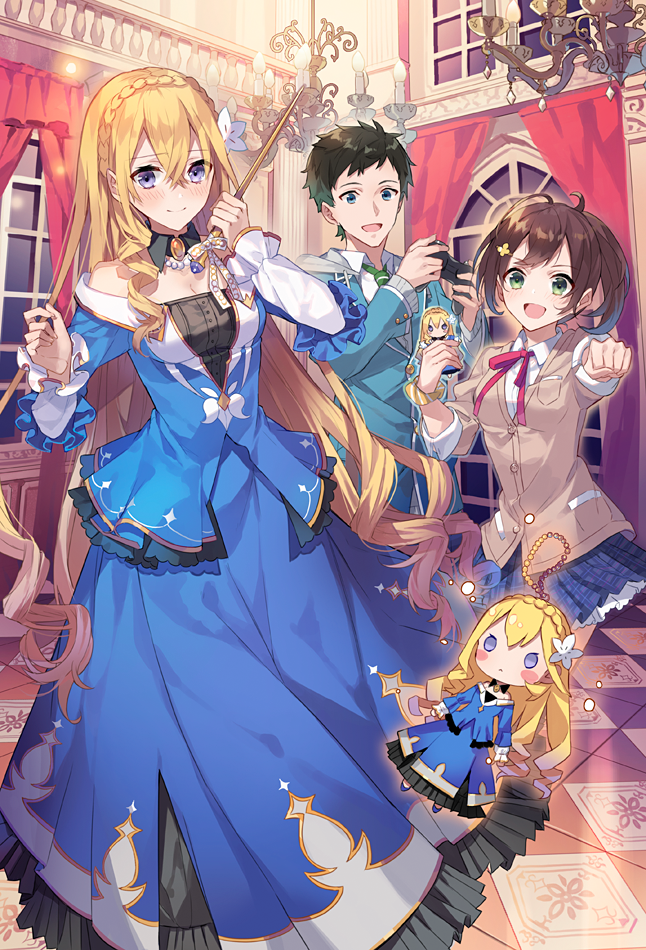 1boy 2girls :&lt; :d ahoge bangs bare_shoulders black_hair blazer blonde_hair blue_eyes blue_jacket blue_skirt blush braid breast_pocket breasts brooch brown_cardigan brown_hair candelabra candlestand cardigan chandelier character_doll charm_(object) cleavage clenched_hand closed_mouth collarbone controller cover cover_page crossed_bangs crown_braid curtains detached_collar doll dot_nose dress eihi endou_aoto excited eyes_visible_through_hair floor flower foreshortening frilled_dress frilled_sleeves frills game_controller gem glowing green_eyes green_necktie hair_between_eyes hair_flower hair_ornament hair_over_shoulder hairclip hand_up hands_up holding holding_controller holding_doll holding_game_controller holding_wand indoors jacket jewelry kobayashi_shihono layered_dress layered_sleeves lieselotte_riefenstahl light_particles long_dress long_hair long_sleeves looking_at_viewer medium_breasts miniskirt multiple_girls neck_ribbon necklace necktie off-shoulder_dress off_shoulder official_art open_mouth outline outstretched_arm pearl_(gemstone) pearl_necklace petticoat plaid plaid_skirt pleated_skirt pocket ponytail puffy_long_sleeves puffy_sleeves purple_eyes railing red_curtains red_ribbon ribbon ringlets school_uniform scrunchie shirt skirt sleeve_cuffs smile split_mouth striped striped_scrunchie thick_eyelashes tsundere_akuyaku_reijou_lieselotte_to_jikkyou_no_endou-kun_to_kaisetsu_no_kobayashi-san very_long_hair w_arms wainscoting wand white_flower white_ribbon white_shirt white_sleeves window wing_collar wrist_scrunchie yellow_scrunchie