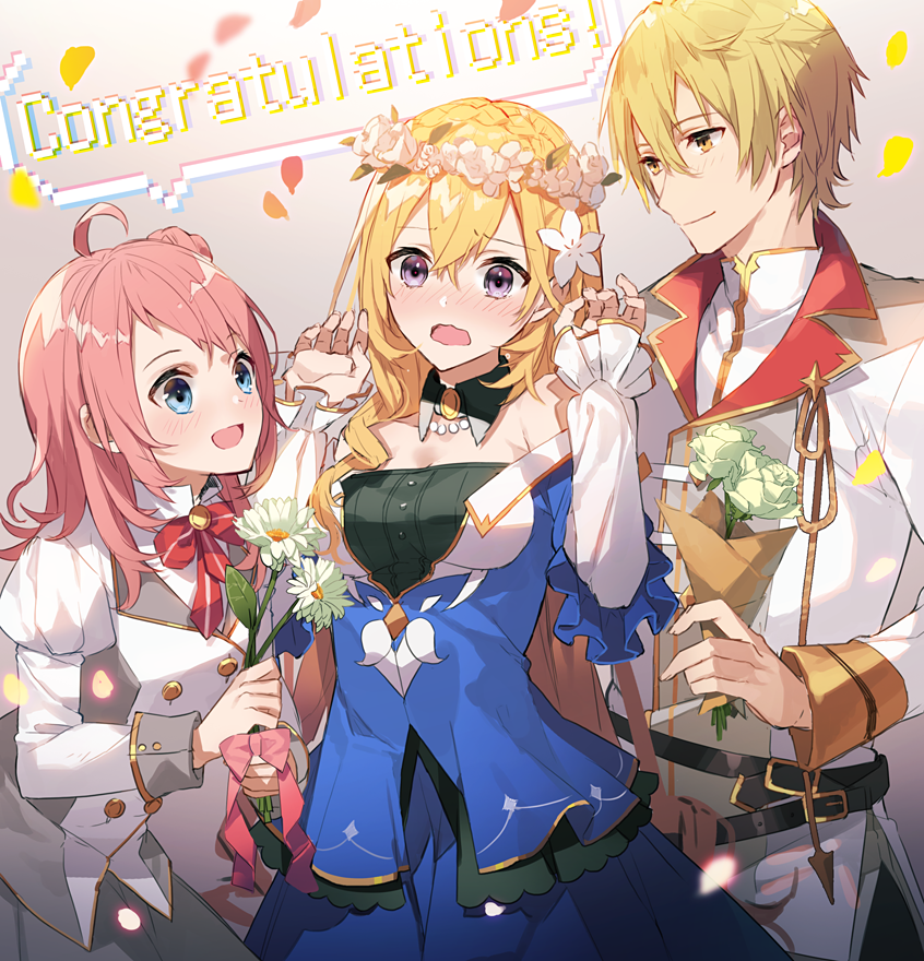 1boy 2girls :d ahoge aiguillette armpit_crease arms_up bangs bare_shoulders belt belt_buckle black_belt blonde_hair blue_dress blue_eyes blurry blush bow bowtie braid breasts brooch buckle buttons cleavage closed_mouth collarbone congratulations cowboy_shot crossed_bangs crown_braid d: depth_of_field detached_collar dot_nose double-breasted dress eihi english_text fiene_(tsunlise) flower flower_wreath flustered frilled_dress frilled_sleeves frills from_side furrowed_brow gem glowing grey_background hair_between_eyes hair_bun hair_flower hair_ornament hand_up hands_up head_wreath high_collar holding holding_flower jacket jewelry juliet_sleeves lapels layered_dress layered_sleeves leaf lieselotte_riefenstahl light_blush long_hair long_sleeves looking_at_another looking_at_viewer looking_to_the_side medium_breasts motion_blur multiple_girls necklace nose_blush notched_lapels off-shoulder_dress off_shoulder official_art open_mouth orange_eyes pearl_(gemstone) pearl_necklace petals pink_bow pink_hair pink_ribbon puffy_sleeves purple_eyes red_bow red_bowtie ribbon ringlets rose school_uniform shiny_hair siegwald_fitzenhagen single_side_bun sleeve_cuffs smile speech_bubble standing striped striped_bow striped_bowtie surprised_arms swept_bangs thick_eyelashes tsundere_akuyaku_reijou_lieselotte_to_jikkyou_no_endou-kun_to_kaisetsu_no_kobayashi-san very_long_hair w_arms wavy_mouth white_flower white_jacket white_rose white_sleeves wing_collar