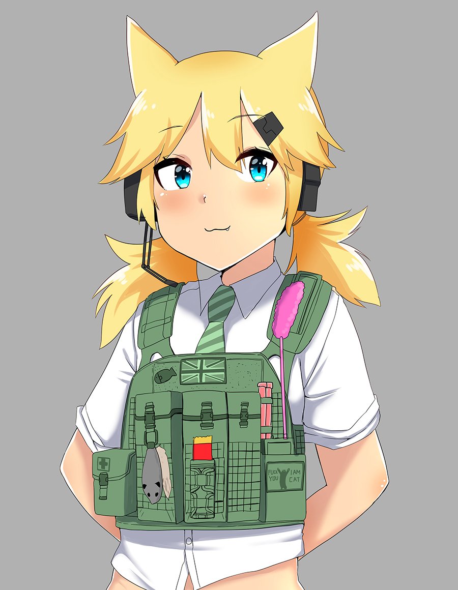 :3 animal_ears animal_print arms_behind_back blonde_hair blue_eyes blush bulletproof_vest capoki cat_ears cat_teaser commentary diagonal-striped_necktie english_text fang fang_out fish_print girls'_frontline green_necktie green_vest grey_background hair_ornament hairclip headset idw_(girls'_frontline) looking_at_viewer necktie pouch profanity shirt short_twintails shotgun_shell simple_background sleeves_rolled_up toy_mouse twintails union_jack upper_body vest white_shirt