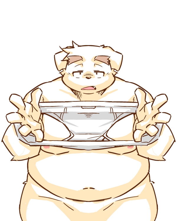 2023 anthro belly big_belly canid canine canis clothing domestic_dog humanoid_hands kemono male mammal moobs namihira_kousuke navel nipples overweight overweight_male simple_background solo takagi_kyou trouble_(series) underwear