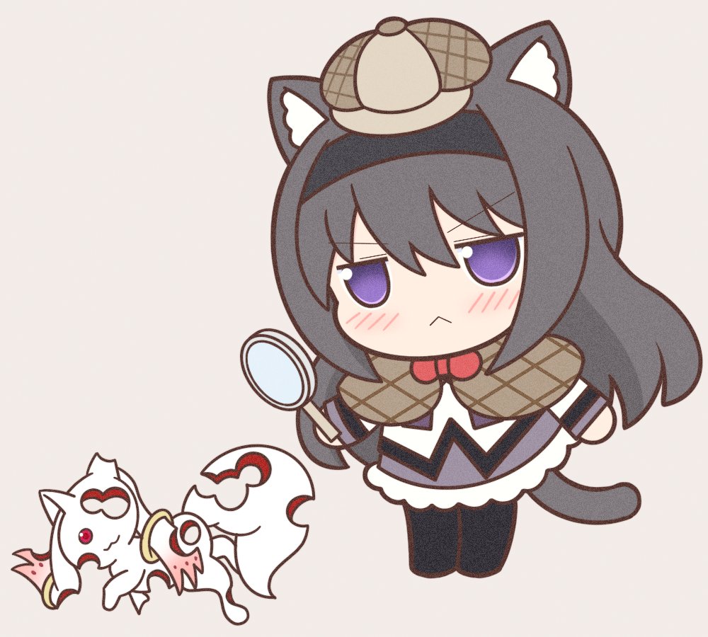 :3 akemi_homura alien animal_ear_fluff animal_ears argyle argyle_legwear black_hair bow bowtie cat_ears cat_girl cat_tail chestnut_mouth coat cosplay deerstalker detective fumo_(doll) hairband hat high_heels holding holding_magnifying_glass homu kyubey kyuubi long_hair magical_girl magnifying_glass mahou_shoujo_madoka_magica multiple_tails open_clothes open_coat pantyhose pleated_skirt purple_eyes red_bow red_bowtie red_eyes sherlock_holmes sherlock_holmes_(cosplay) shot_holes skirt soul_gem tail walfie_(style) yuno385