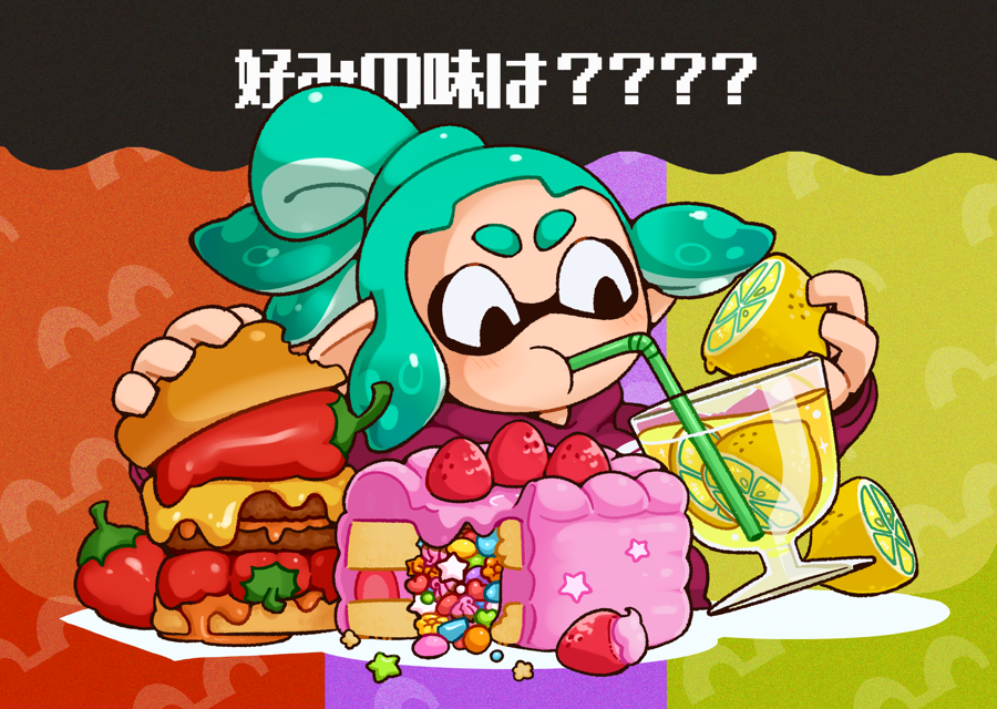 1girl ^_^ aqua_hair blush burger cake candy chili_pepper closed_eyes drinking drinking_straw eating food fruit hood hoodie inkling inkling_girl lemon lemonade merippe ponytail red_hoodie sauce solo splatoon_(series) splatoon_3 strawberry tentacle_hair thick_eyebrows