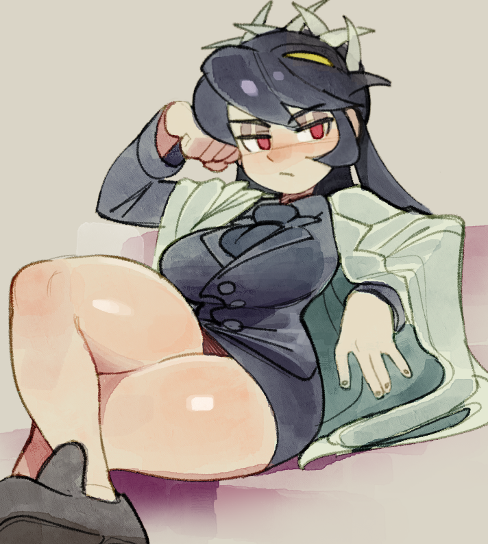 1girl alternate_costume black_eyeshadow black_hair breasts business_suit eyeshadow filia_(skullgirls) formal futakuchi-onna large_breasts living_hair long_hair makeup prehensile_hair red_eyes samson_(skullgirls) skullgirls suit thick_thighs thighs wamudraws