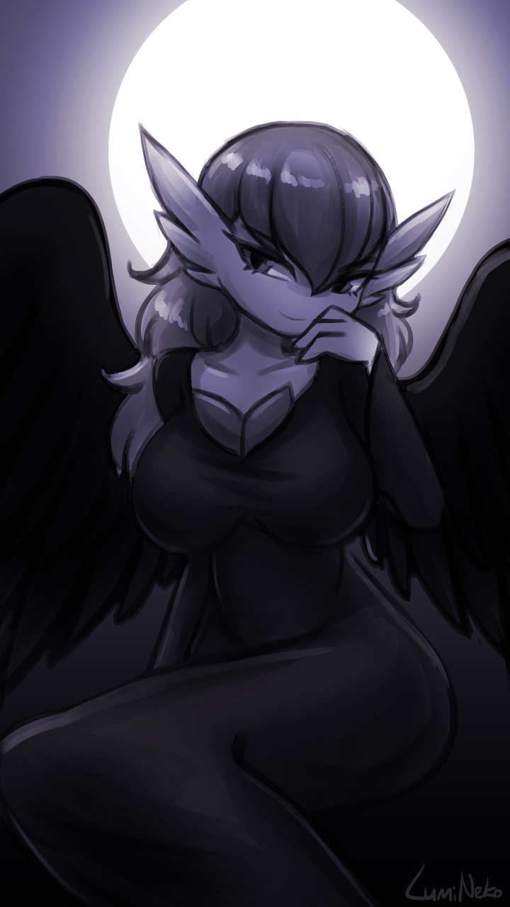 1girl alternate_color alternate_hair_length alternate_hairstyle alternate_shiny_pokemon artist_name backlighting bangs black_dress black_wings breasts closed_mouth collarbone colored_skin commentary dress english_commentary feathered_wings full_moon gardevoir grey_eyes grey_hair hair_between_eyes hand_to_own_mouth hand_up happy highres invisible_chair large_breasts legs_together long_hair long_sleeves looking_to_the_side lumineko moon night outdoors pokemon pokemon_(creature) shiny_hair signature sitting smile solo v-shaped_eyebrows white_skin wings