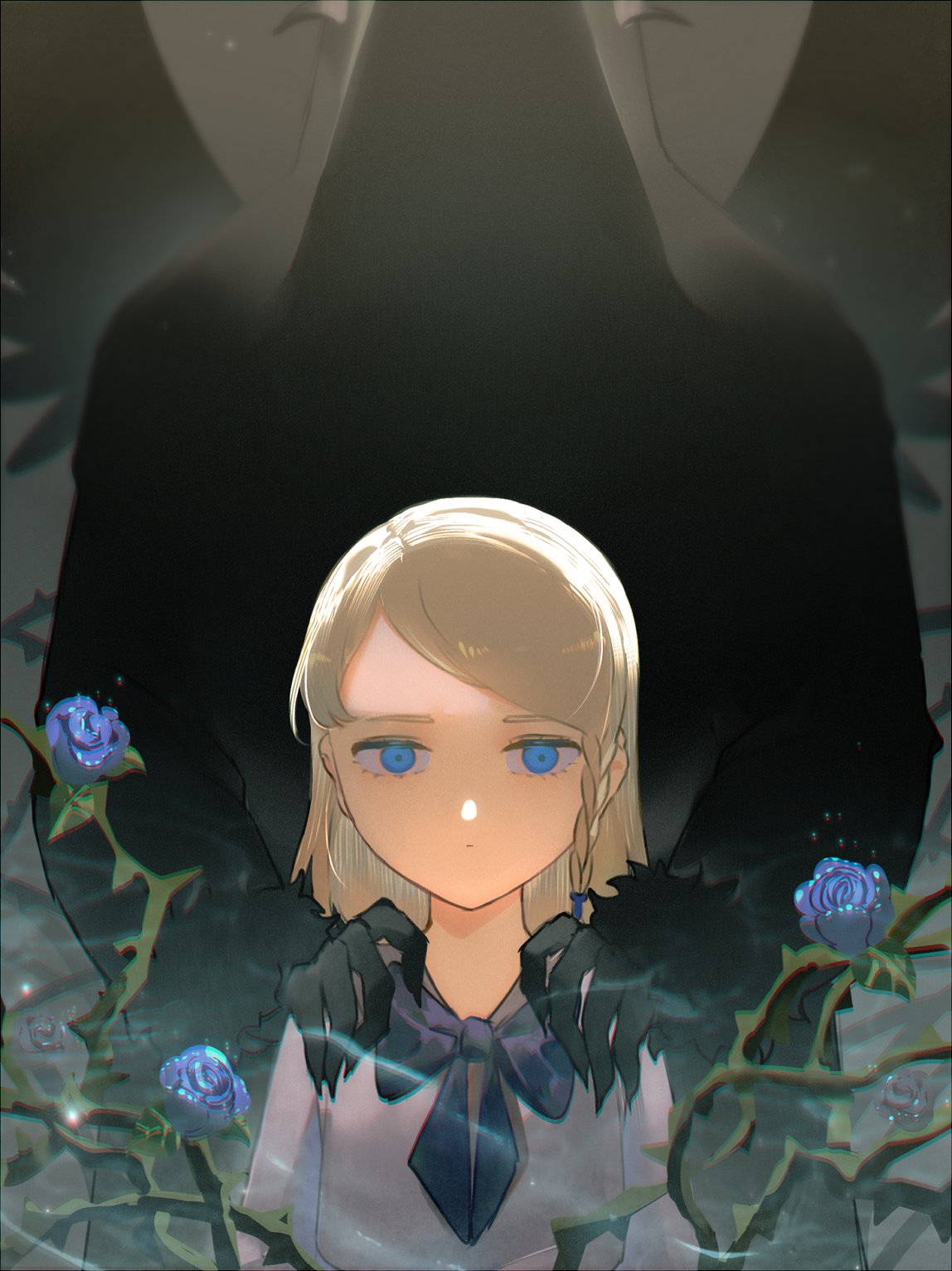 1girl bangs behind_another black_clover blonde_hair blue_eyes blue_flower blue_ribbon blue_rose braid charlotte_roselei english_commentary female_child flower hands_on_another's_shoulders highres looking_at_viewer plant ribbon rose sanii shirt side_braid solo_focus thorns vines white_shirt