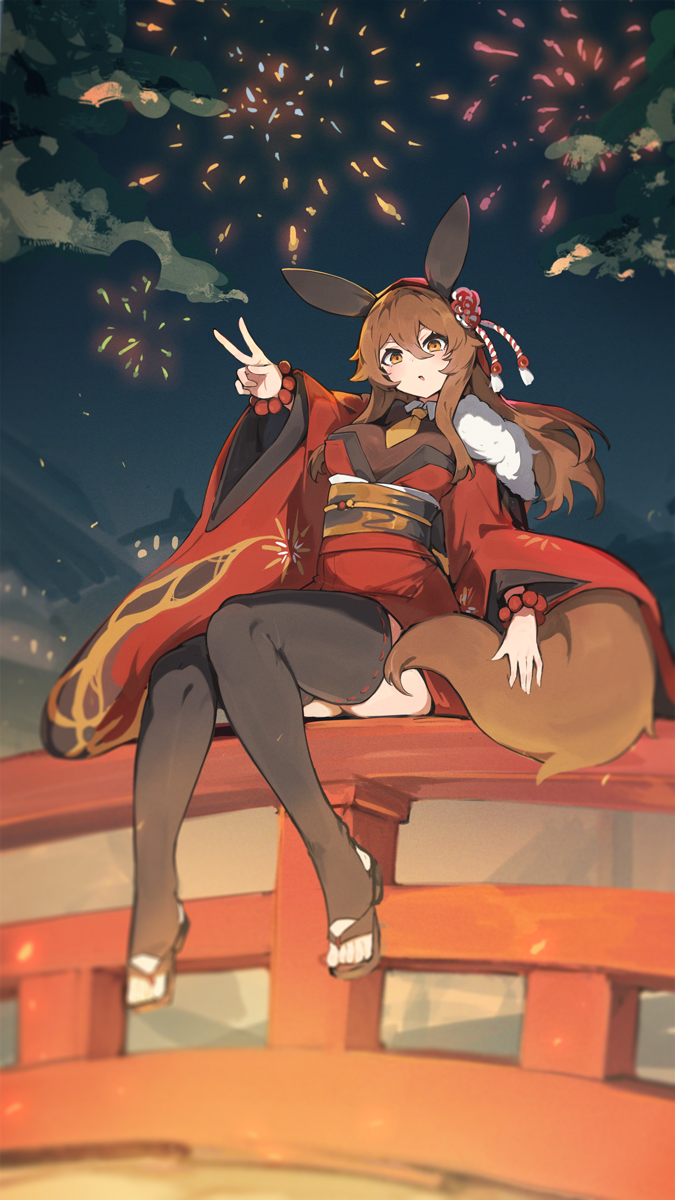 1girl animal_ears bangs breasts brown_hair fake_animal_ears fireworks hair_between_eyes head_scarf highres japanese_clothes kerchief kimono lansane large_breasts long_hair long_sleeves looking_at_viewer new_year night night_sky o-ring_belt obi obijime orange_eyes original parted_lips rabbit_ears red_kimono ribbon-trimmed_clothes ribbon-trimmed_legwear ribbon_trim sandals sash sky solo tail thighhighs tsana_(lansane) turban v wide_sleeves wolf_tail wristband yukata