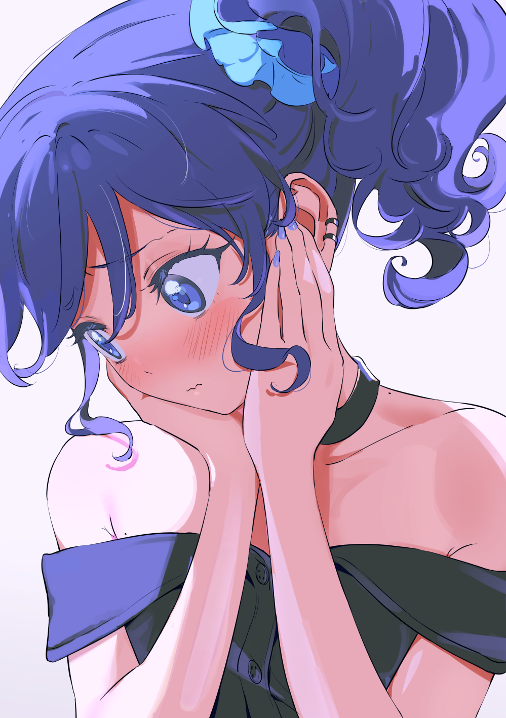 1girl aikatsu! aikatsu!_(series) black_dress blue_eyes blue_hair blue_nails blue_scrunchie blush closed_mouth collarbone dress embarrassed hair_ornament hair_scrunchie hands_on_own_cheeks hands_on_own_face highres kiriya_aoi long_hair looking_away nail_polish off-shoulder_dress off_shoulder scrunchie side_ponytail simple_background solo upper_body white_background yamamura_saki