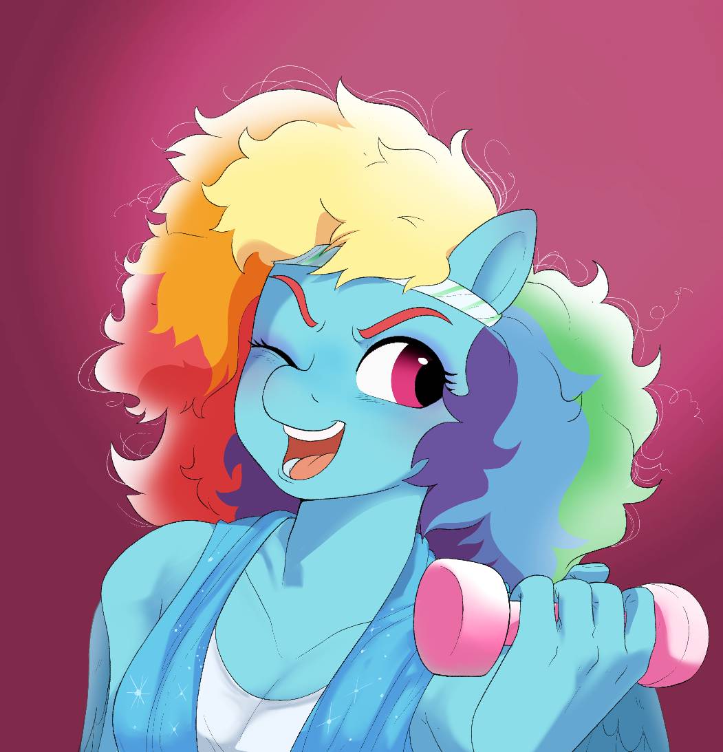 80's_theme accessory anthro anthrofied aztrial dumbbell equid equine female friendship_is_magic hair hasbro headband holding_object mammal multicolored_hair my_little_pony one_eye_closed open_mouth open_smile pegasus purple_eyes rainbow_dash_(mlp) rainbow_hair smile solo weights wings wink