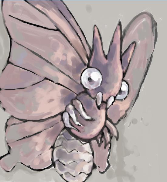 blue_eyes bug english_commentary grey_background mandibles moth no_humans pokemon pokemon_(creature) purple_wings sailorclef solo venomoth wings