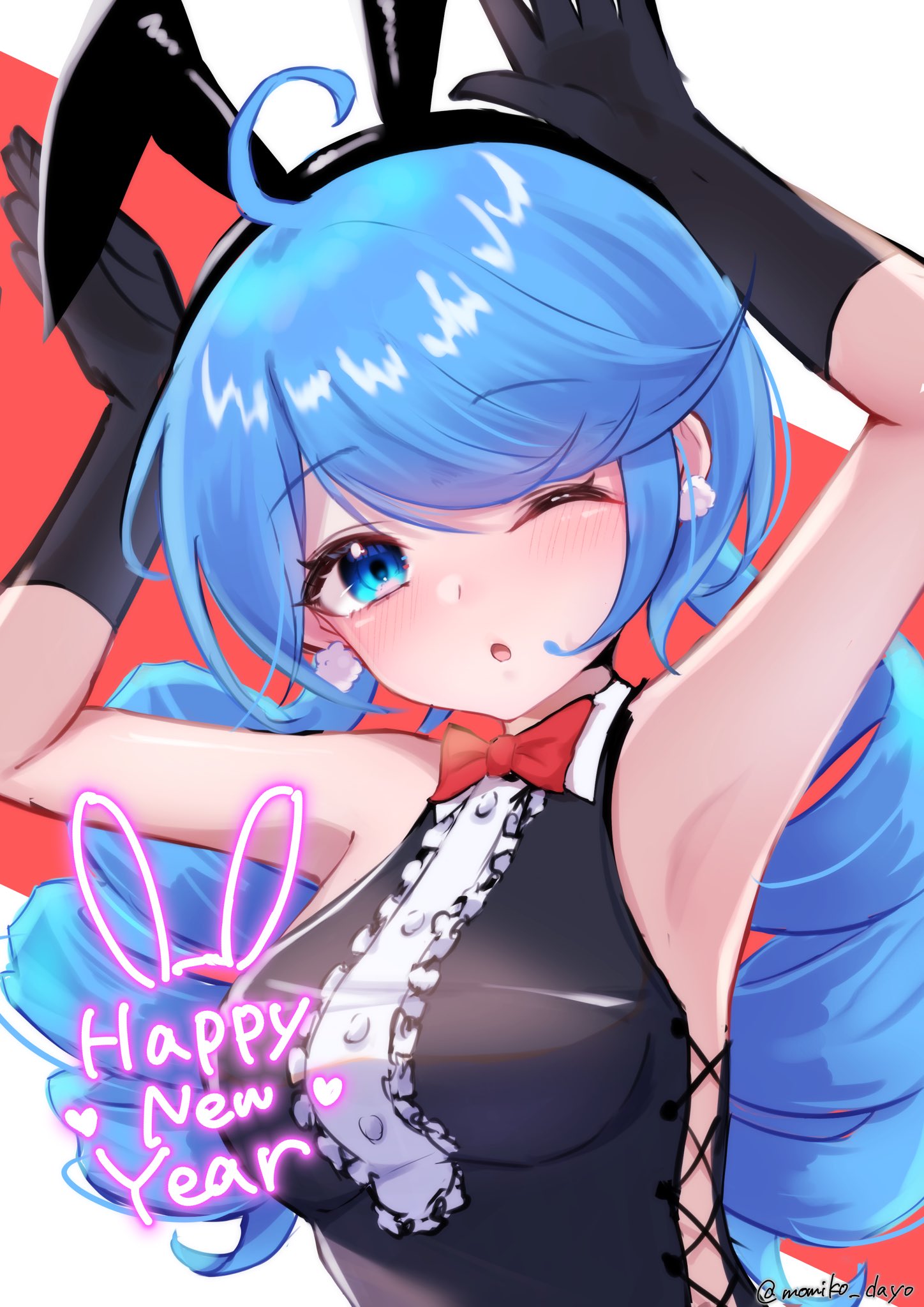 1girl :o animal_ears armpits arms_up artist_name bangs black_gloves blue_eyes blush bow bowtie breasts dress_shirt drill_hair earrings fake_animal_ears gloves gwen_(league_of_legends) happy_new_year highres jewelry league_of_legends long_hair medium_breasts momikodayo one_eye_closed playboy_bunny red_background red_bow red_bowtie shirt solo swept_bangs twin_drills twintails upper_body white_background