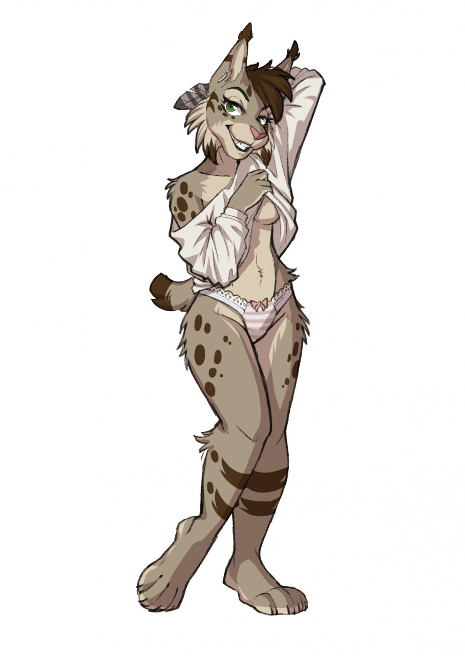 anthro breasts canadian_lynx clothed clothing felid feline felis female hi_res knucklebone lynx mammal nicole_(nicnak044) panties pinup pose shirt solo topwear under_boob underwear