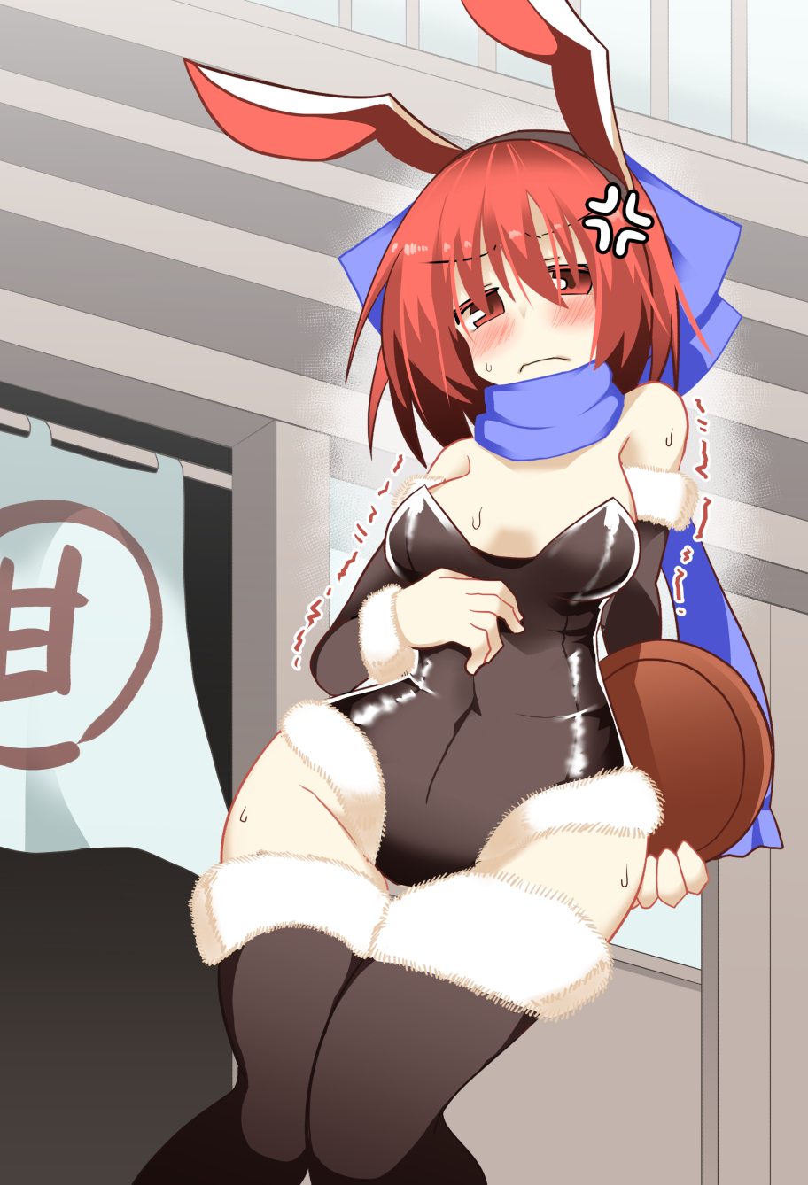 1girl alternate_costume anger_vein animal_ears bangs black_leotard black_sleeves black_thighhighs blue_bow blue_scarf blush bow breasts building closed_mouth commentary_request detached_sleeves embarrassed fake_animal_ears feet_out_of_frame frown fur-trimmed_leotard fur-trimmed_sleeves fur-trimmed_thighhighs fur_trim hair_between_eyes hair_bow highres holding holding_tray honyaa_(honya--1123) leotard looking_at_viewer medium_breasts noren outdoors pigeon-toed playboy_bunny rabbit_ears red_eyes red_hair scarf sekibanki short_hair solo strapless strapless_leotard thighhighs touhou tray trembling