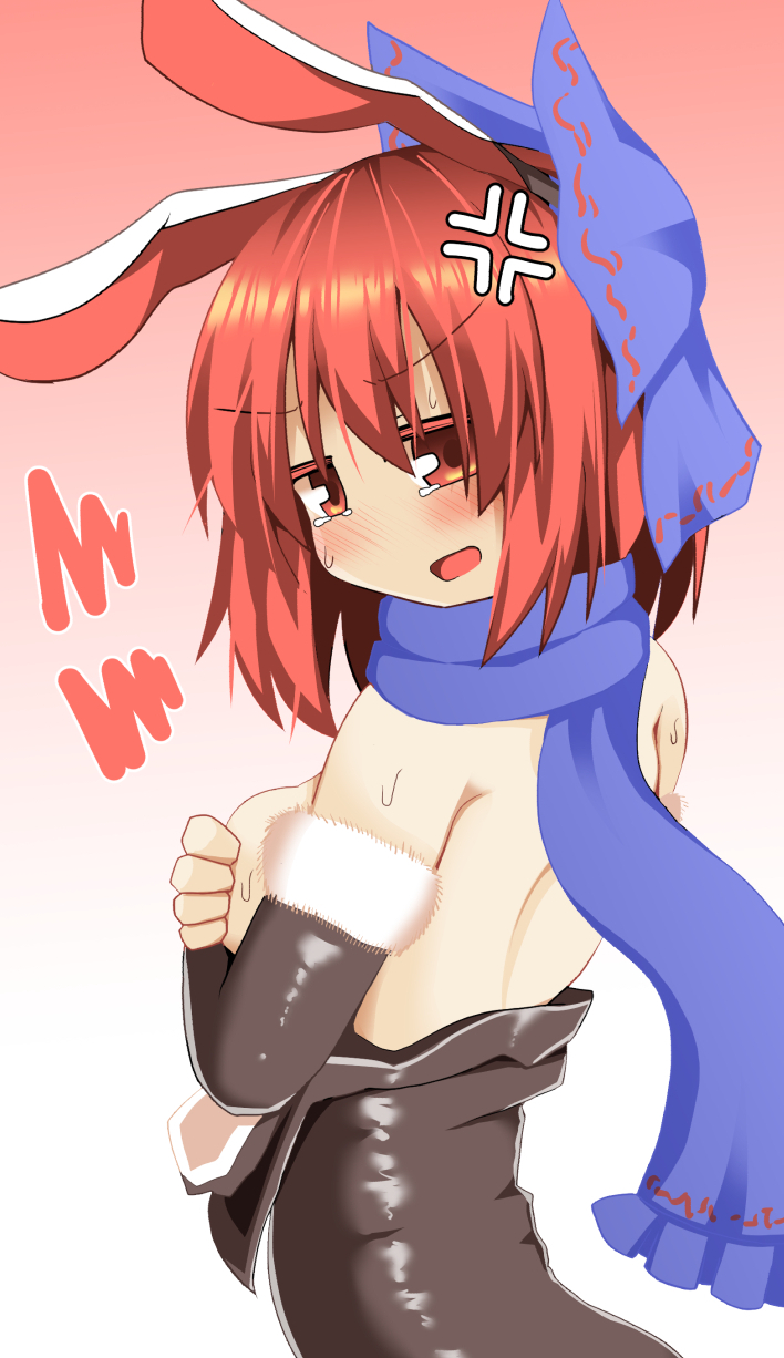 1girl alternate_costume anger_vein animal_ears back bangs black_leotard black_sleeves blue_bow blue_scarf blush bow breasts commentary_request covering covering_breasts detached_sleeves embarrassed fake_animal_ears fur-trimmed_leotard fur-trimmed_sleeves fur_trim hair_between_eyes hair_bow highres honyaa_(honya--1123) leotard looking_at_viewer looking_back medium_breasts open_mouth playboy_bunny rabbit_ears red_eyes red_hair scarf sekibanki short_hair solo strapless strapless_leotard touhou upper_body