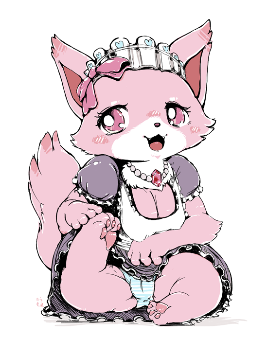 anthro big_breasts blush bottomwear breasts camel_toe chest_tuft chibi cleavage clothed clothing domestic_cat felid feline felis female fluffy fluffy_tail fur garnet_(jewelpet) genital_outline jewelpet jewelry looking_at_viewer maid_headdress maid_uniform mammal necklace nosen panties pawpads persian_cat pink_body pink_eyes pink_fur pussy_outline ribbons sanrio semi-anthro skirt solo tail tuft underwear uniform white_muzzle
