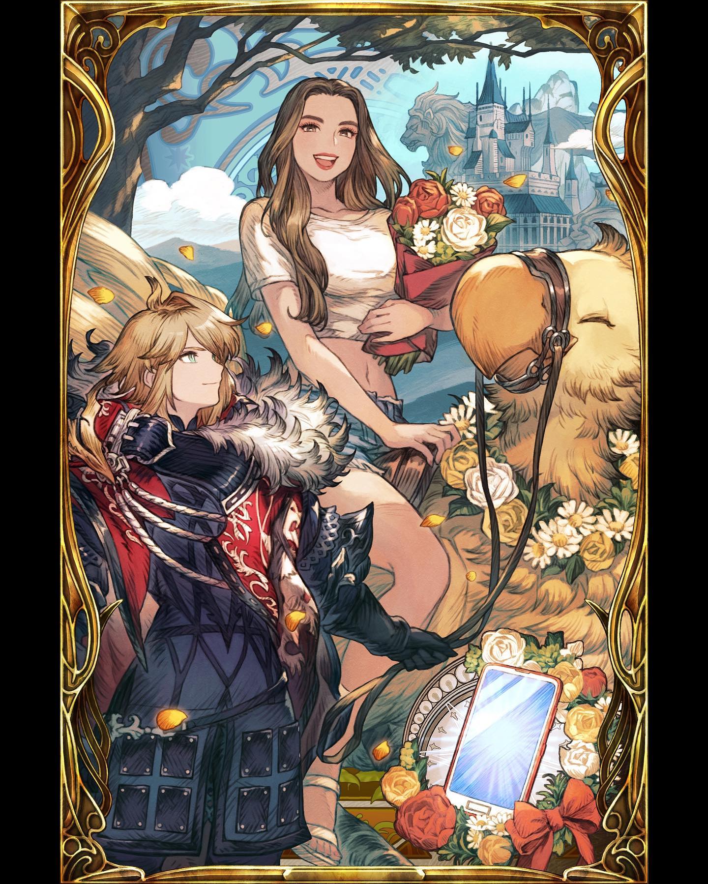 1boy 1girl addison_rae artist_request barefoot_sandals black_gloves black_jacket blonde_hair blue_eyes bouquet bright_pupils brown_eyes brown_hair castle cellphone chocobo collarbone english_commentary final_fantasy final_fantasy_brave_exvius flower fur-trimmed_jacket fur_trim gloves highres holding holding_bouquet jacket looking_at_viewer looking_up midriff mont_leonis navel official_art open_mouth phone pillarboxed real_life red_flower second-party_source shirt sitting smartphone smile war_of_the_visions:_final_fantasy_brave_exvius white_flower white_pupils white_shirt