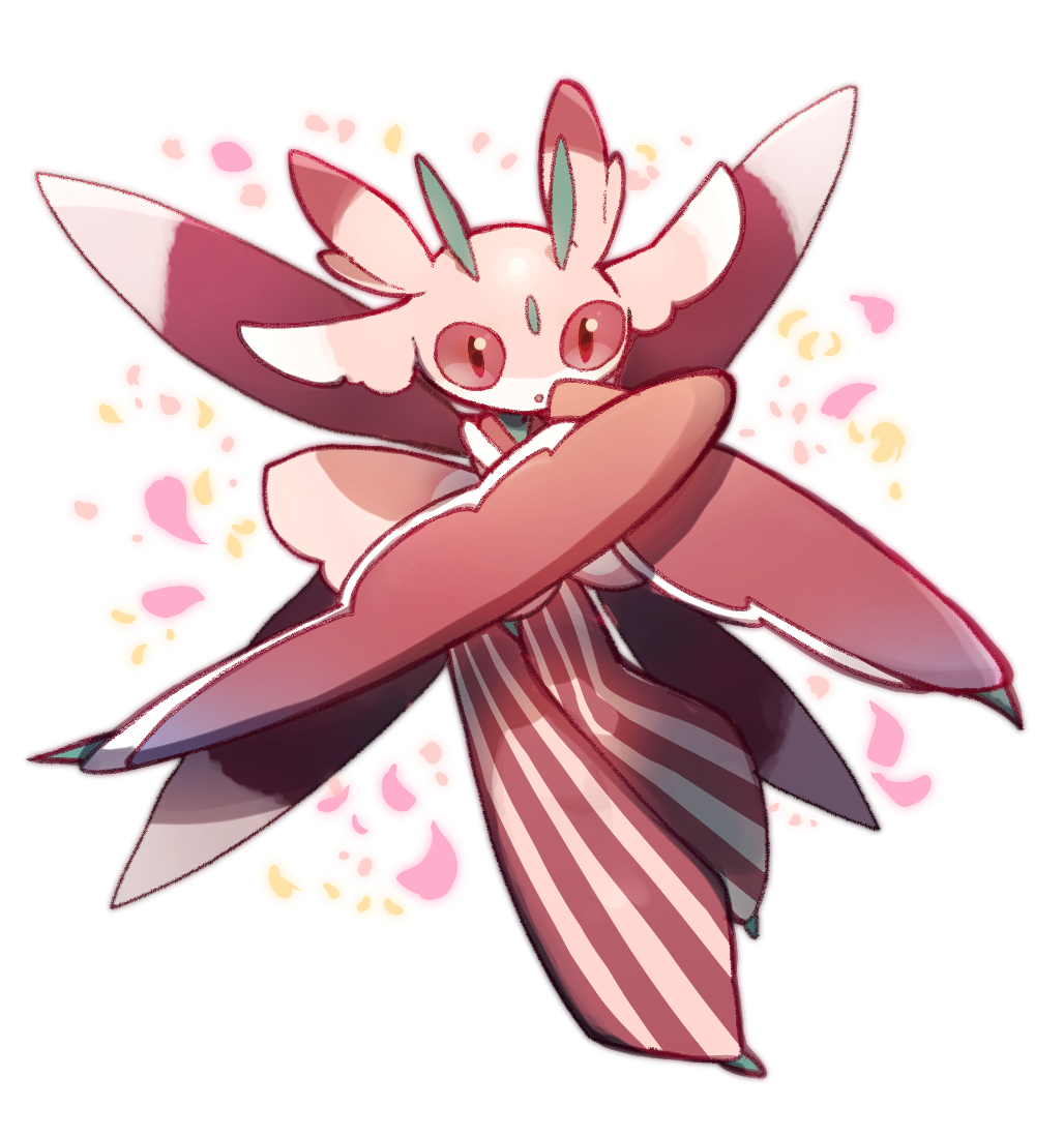 :o cyawa full_body looking_at_viewer lurantis parted_lips petals pokemon pokemon_(creature) red_eyes simple_background solo striped vertical_stripes white_background