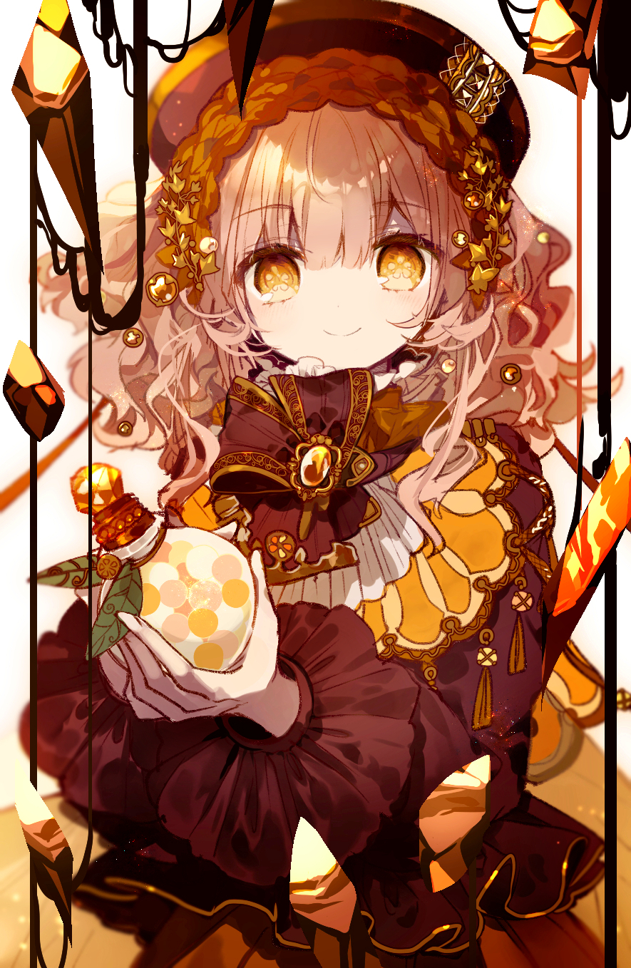 1girl bangs bow brown_bow brown_dress brown_hair brown_headwear brown_theme closed_mouth cyawa dress flask flower-shaped_pupils frilled_sleeves frills gold_trim hair_between_eyes hair_ornament hat highres holding leaf long_hair long_sleeves looking_at_viewer orange_eyes orb original pink_hair potion puffy_long_sleeves puffy_sleeves red_shirt shirt smile solo symbol-shaped_pupils upper_body vial white_background yellow_collar yellow_eyes yellow_gemstone