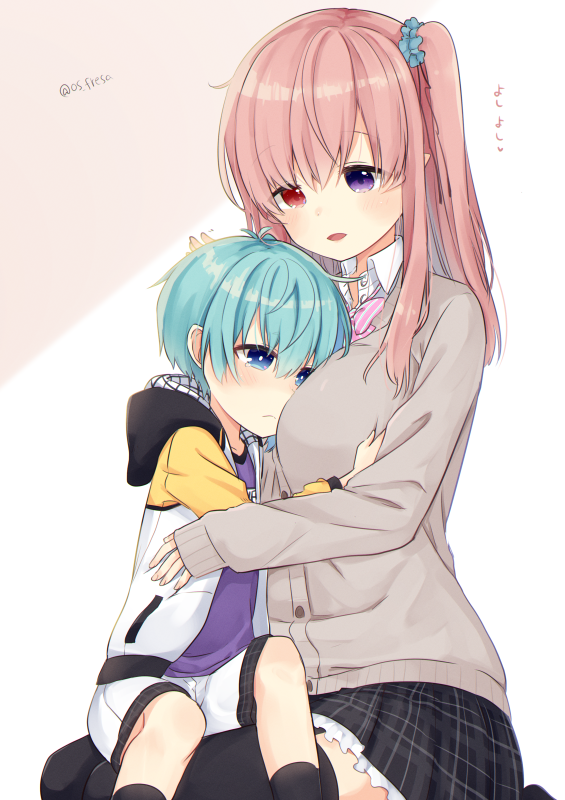1boy 1girl age_difference aqua_hair between_breasts black_hood black_skirt black_socks black_thighhighs blue_scrunchie bow bowtie breast_pillow breasts brown_cardigan cardigan hand_on_another's_chest head_between_breasts headpat heterochromia hood hoodie hug kneeling large_breasts long_hair nei_akutsu one_side_up onee-shota open_mouth original os_(os_fresa) pink_bow pink_bowtie pink_hair pointy_ears purple_eyes purple_shirt red_eyes scrunchie sepia_background shirt short_hair shorts sitting sitting_on_lap sitting_on_person skirt smile socks souta_kandori thighhighs twitter_username white_background white_hoodie white_shirt white_shorts yellow_sleeves