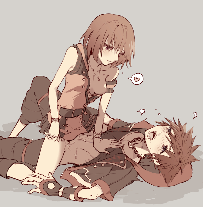 1boy 1girl black_shorts blush bracelet breasts brown_hair chain_necklace clothes_lift cropped_jacket cum dress feet_out_of_frame girl_on_top grey_background hair_between_eyes hand_on_another's_chest heart hetero jewelry kairi_(kingdom_hearts) kingdom_hearts kingdom_hearts_iii looking_at_another lying medium_breasts muted_color necklace on_back open_clothes open_dress open_mouth pink_dress ramochi_(auti) red_hair saliva shirt_lift short_dress short_hair short_sleeves shorts sleeveless sleeveless_dress smile sora_(kingdom_hearts) spiked_hair spoken_heart straddling vaginal