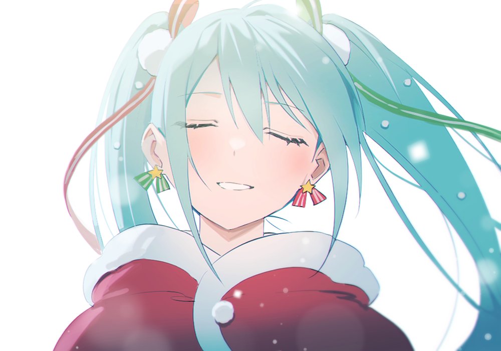 1girl backlighting blue_hair blurry bokeh capelet christmas closed_eyes depth_of_field dot_nose double_vertical_stripe earrings eyelashes facing_viewer floating_hair fur-trimmed_capelet fur_trim green_ribbon hair_between_eyes hair_ornament hair_ribbon happy hatsune_miku jewelry light_blue_hair light_blush light_smile long_hair minori_(faddy) parted_lips pom_pom_(clothes) pom_pom_hair_ornament red_capelet red_ribbon ribbon ribbon_earrings simple_background single_vertical_stripe snow solo star_(symbol) star_earrings striped striped_ribbon twintails upper_body very_long_hair vocaloid white_background