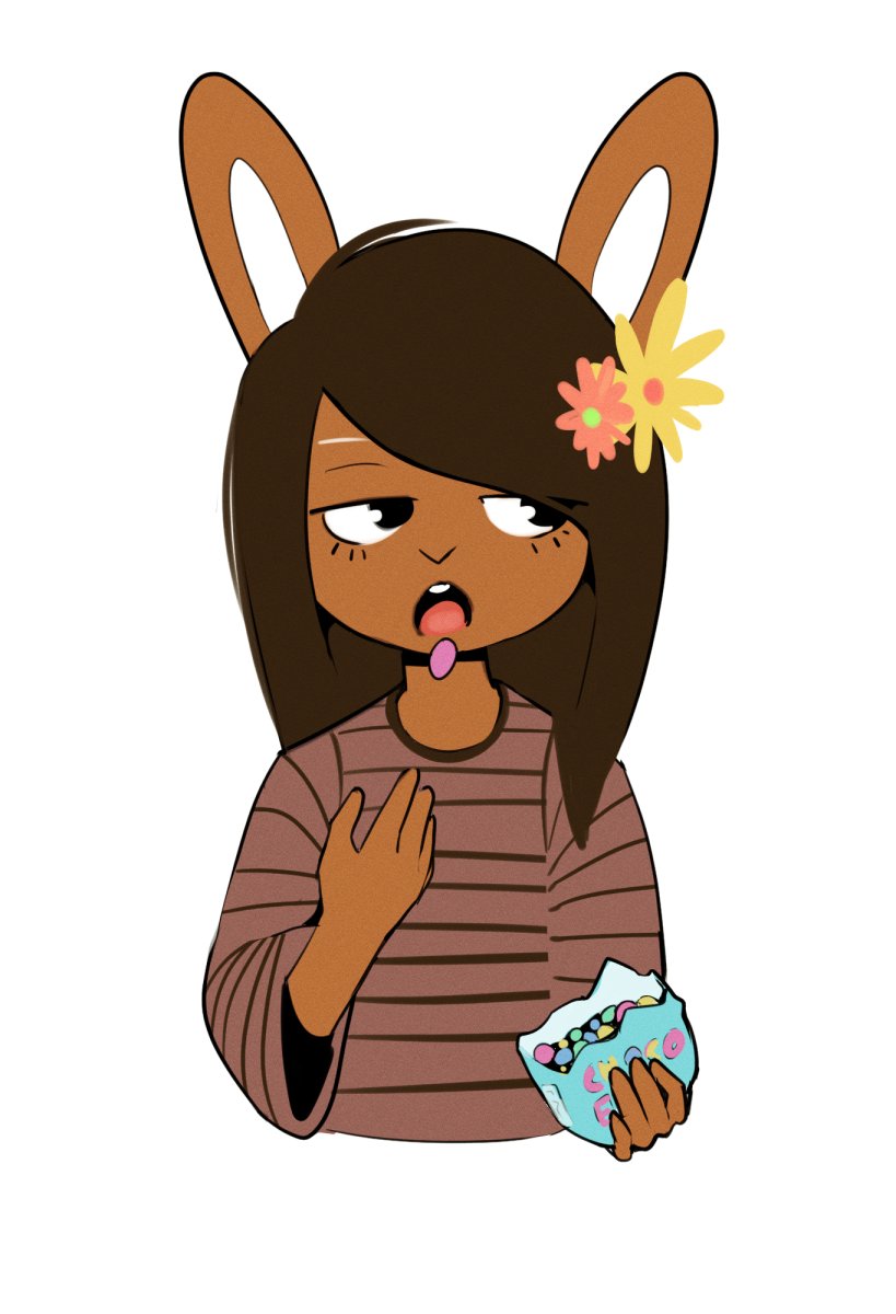 5_fingers accessory anthro black_eyes brown_body brown_fur brown_hair candy clothing dessert eating eyebrows eyelashes fingers flower flower_in_hair food fur hair hair_accessory hair_over_eye half-length_portrait hi_res holding_object janis_(twang) lagomorph leporid looking_aside male mammal one_eye_obstructed open_mouth pattern_clothing pattern_shirt pattern_topwear plant portrait rabbit shirt simple_background solo striped_clothing striped_shirt striped_topwear stripes teeth tongue topwear twang white_background white_eyebrows