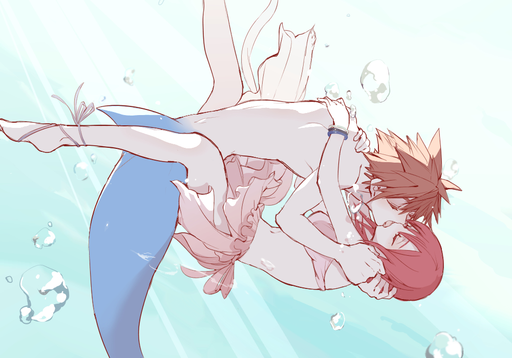 1boy 1girl air_bubble ankle_ribbon arms_around_back bikini bracelet breasts brown_hair bubble closed_eyes fish_tail foot_out_of_frame french_kiss frilled_bikini frills hair_between_eyes hand_in_another's_hair hetero jewelry kairi_(kingdom_hearts) kingdom_hearts kiss leg_ribbon medium_breasts medium_hair merman midriff monster_boy official_alternate_costume pink_bikini ramochi_(auti) red_hair ribbon shark_boy shark_tail short_hair sora_(kingdom_hearts) spiked_hair swimsuit tail topless_male underwater