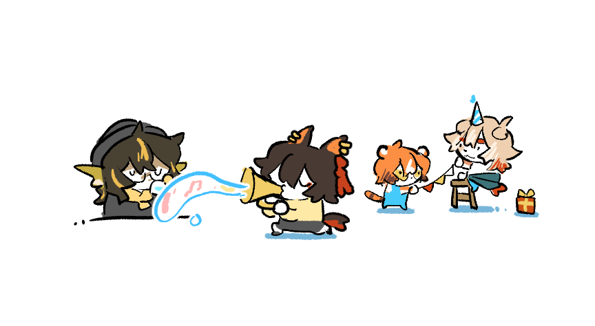 1girl 3boys aak_(arknights) animal_ears arknights birthday_hat brown_hair chibi gift glasses hung_(arknights) instrument ladder lee_(arknights) multiple_boys musical_note orange_hair shidare_(youh4016) short_hair simple_background tiger_girl trumpet waai_fu_(arknights) white_background