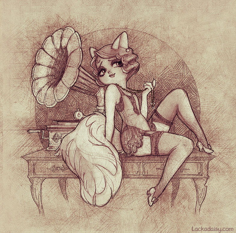 anthro biped clothed clothing domestic_cat felid feline felis female fur garter_straps gramophone hair lackadaisy lingerie mammal mitzi_may solo tail tracy_j._butler webcomic