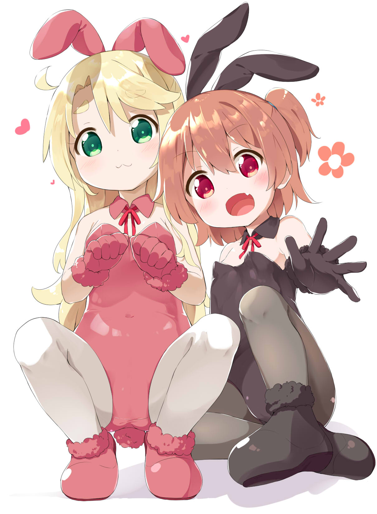 2girls animal_ears bangs bare_shoulders black_collar black_footwear black_gloves black_leotard blush brown_hair collar commentary_request covered_navel detached_collar fur-trimmed_gloves fur_trim gloves green_eyes grey_pantyhose hair_between_eyes heart highres himesaka_noa hoshino_hinata leotard long_hair makuran multiple_girls neck_ribbon one_side_up pantyhose parted_bangs pink_collar pink_footwear pink_gloves pink_leotard playboy_bunny rabbit_ears red_eyes red_ribbon ribbon shadow shoes short_eyebrows simple_background thick_eyebrows very_long_hair watashi_ni_tenshi_ga_maiorita! white_background white_pantyhose wing_collar