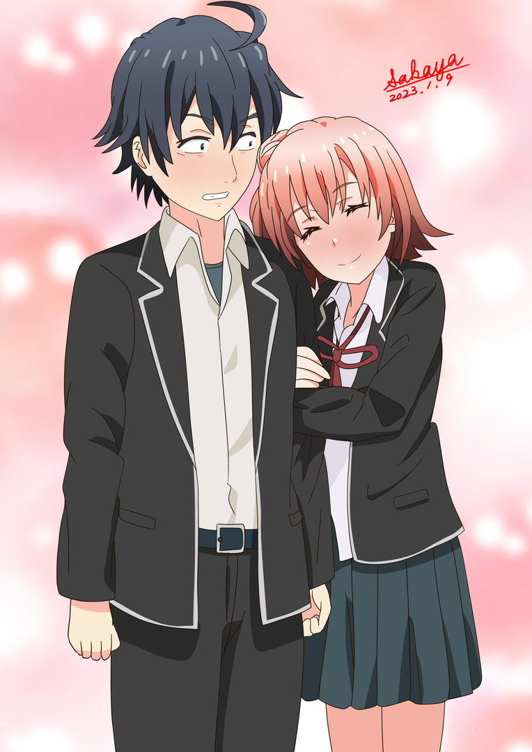 1boy 1girl arm_hug bangs black_hair black_jacket black_pants blazer blue_skirt blurry blurry_background blush clenched_teeth closed_eyes closed_mouth collared_shirt commentary_request dated depth_of_field dress_shirt hair_between_eyes hair_bun hikigaya_hachiman jacket long_sleeves neck_ribbon one_side_up open_clothes open_jacket orange_hair pants pleated_skirt red_ribbon ribbon sakayaya school_uniform shirt signature skirt teeth white_shirt yahari_ore_no_seishun_lovecome_wa_machigatteiru. yuigahama_yui