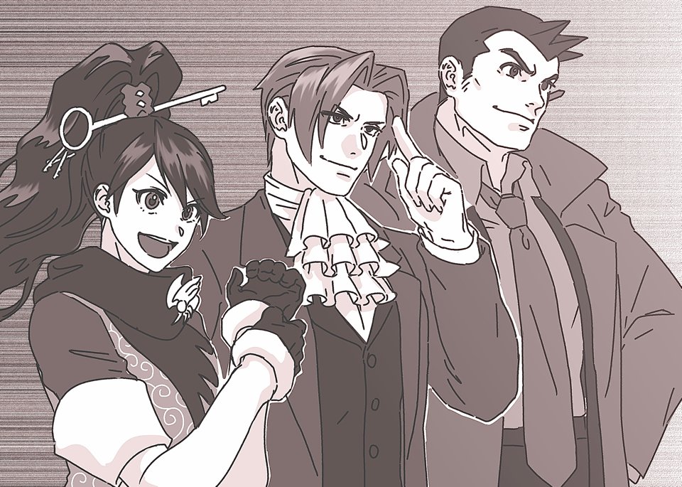 1girl 2boys ace_attorney ace_attorney_investigations adjusting_clothes adjusting_gloves ascot bangs closed_mouth collared_shirt dick_gumshoe facial_hair finger_to_head formal gloves hair_intakes hair_ornament hand_on_hip high_ponytail jacket karakusa_(pattern) kay_faraday key lcageki long_hair long_sleeves male_focus miles_edgeworth monochrome multiple_boys muscular muscular_male necktie open_mouth ponytail scarf shirt short_hair smile stubble suit