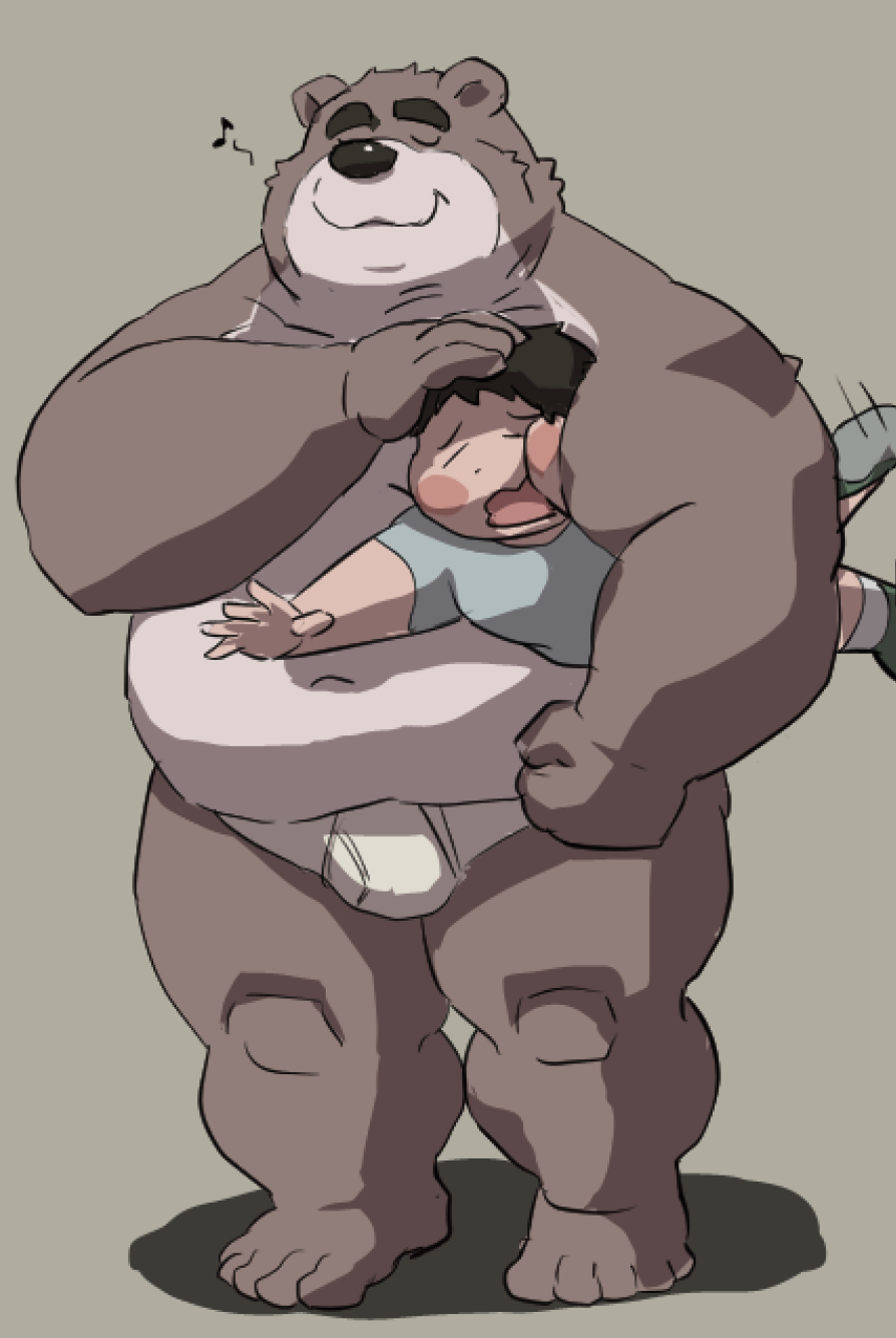 00murice 2023 anthro bear belly big_belly bulge carrying clothing duo eyes_closed hi_res human kemono male mammal musical_note navel overweight overweight_male shirt simple_background topwear underwear young