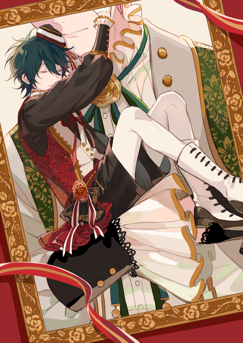 2boys buttons closed_eyes closed_mouth commentary_request ensemble_stars! frills gloves green_hair green_ribbon hat itsuki_shu kagehira_mika kneehighs long_sleeves lying male_focus multiple_boys neck_ribbon picture_frame pink_hair red_ribbon ribbon seuga short_hair shorts smile socks solo_focus valkyrie_(ensemble_stars!) vest white_gloves