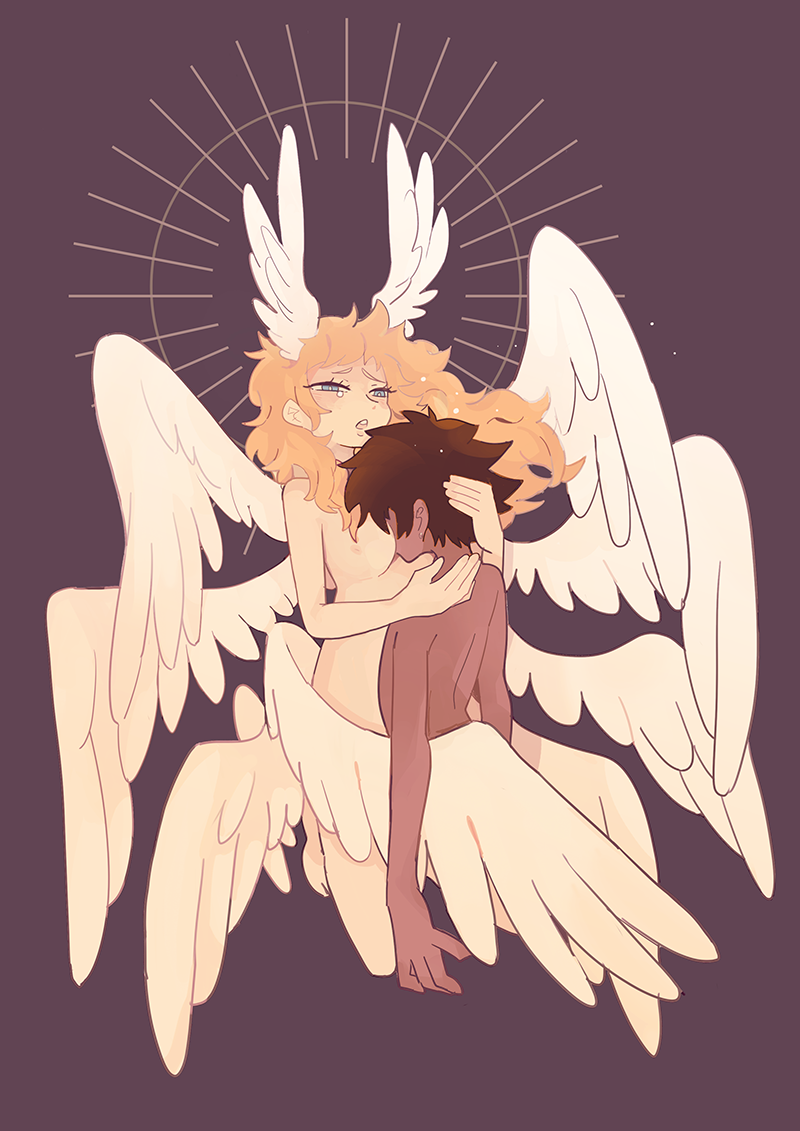 asuka_ryou between_breasts blonde_hair blush breasts brown_hair dark_skin devilman devilman_crybaby eyelashes forengmenot fudou_akira head_between_breasts head_wings hug long_hair multiple_wings nude open_mouth purple_background satan_(devilman) sun_symbol tears wings