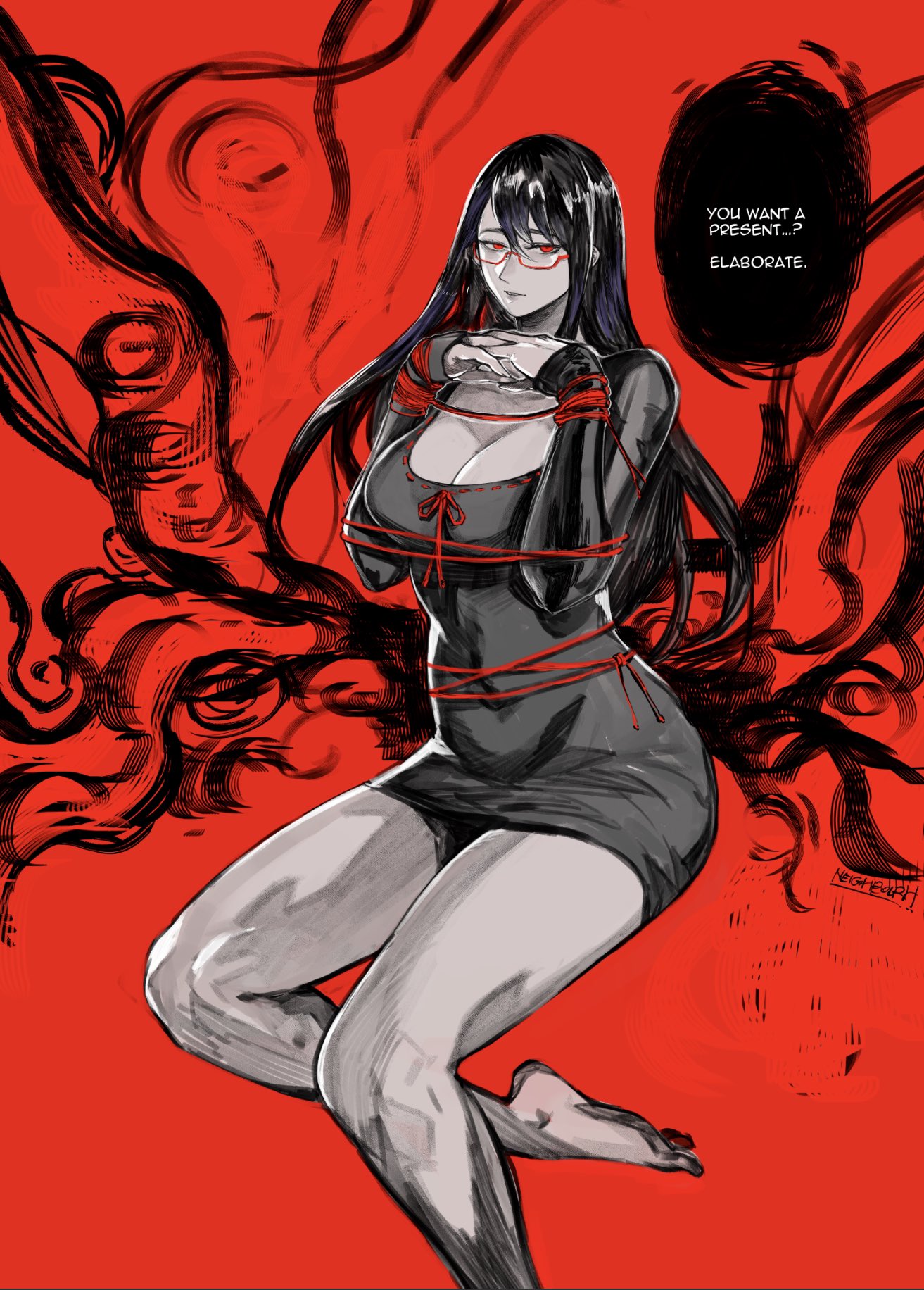 1girl bangs bare_legs barefoot breasts cleavage english_text foot_out_of_frame glasses highres interlocked_fingers kamishiro_rize large_breasts long_hair long_sleeves own_hands_together red-framed_eyewear red_background red_eyes red_ribbon ribbon shiny_hair solo speech_bubble sweater tokyo_ghoul yourfreakyneighbourh