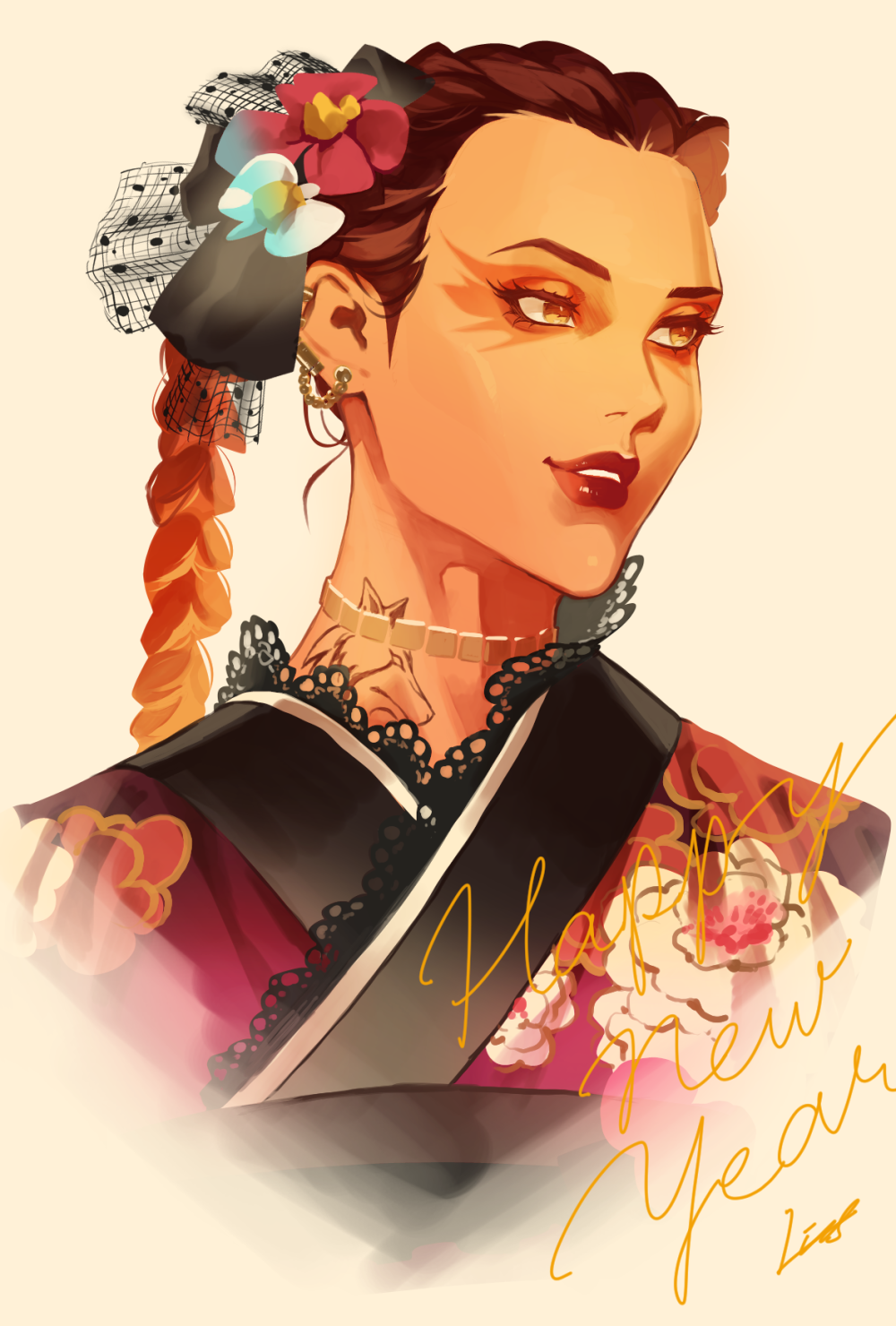 1girl alternate_costume animification apex_legends black_ribbon brown_background brown_eyes brown_hair ear_piercing eyeshadow flower gold_choker hair_behind_ear hair_flower hair_ornament hair_ribbon happy_new_year highres japanese_clothes kimono loba_(apex_legends) looking_to_the_side makeup neck_tattoo parted_lips piercing portrait rainasu red_eyeshadow red_flower red_lips ribbon solo tattoo white_flower