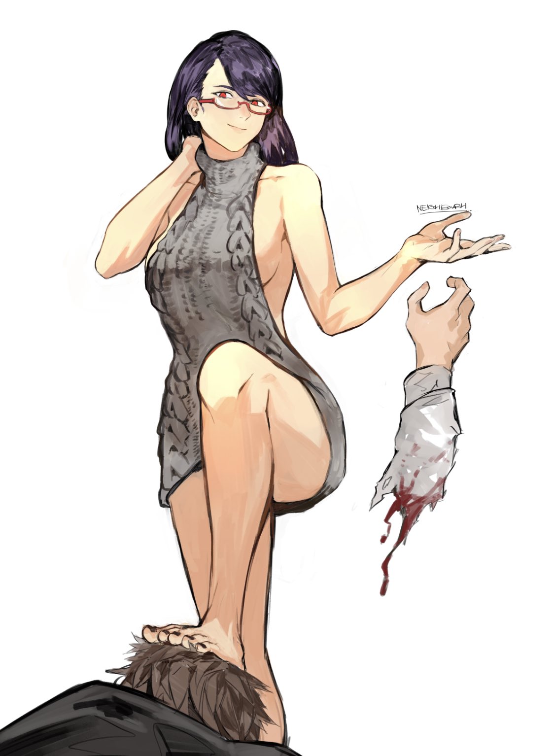 1boy 1girl bangs bare_arms bare_legs bare_shoulders black_nails blood breasts brown_hair collarbone disembodied_limb foot_on_head glasses hand_up highres kamishiro_rize large_breasts long_hair meme_attire nail_polish no_bra purple_hair red_eyes short_hair smile solo_focus toenail_polish toenails tokyo_ghoul virgin_killer_sweater yourfreakyneighbourh