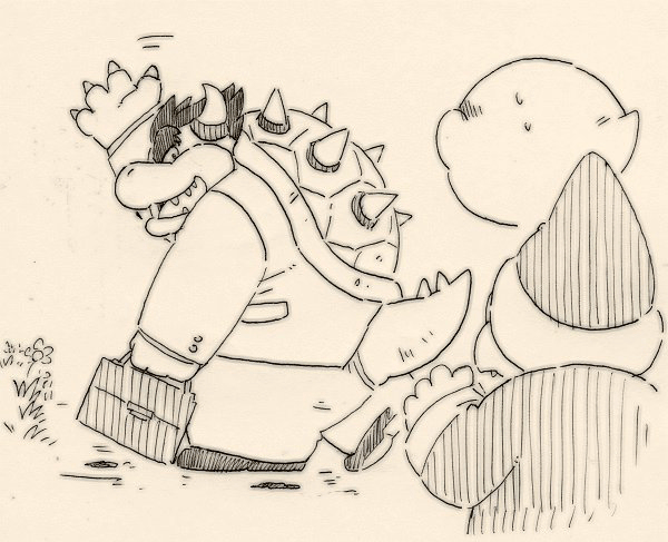 4_fingers anthro boo_(mario) bowser briefcase business_suit claws clothing eyebrows fingers flower garouzuki gesture group horn kamek koopa male mario_bros monochrome nintendo plant reptile scalie shell sketch spiked_shell spikes spikes_(anatomy) suit thick_eyebrows walking waving
